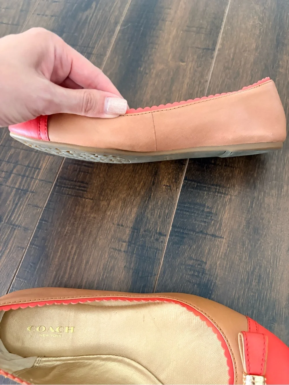 Coach Colorblock Leather Ballet Flats Coral Pink & Tan Bow Shoes Size 36 - Picture 8 of 15